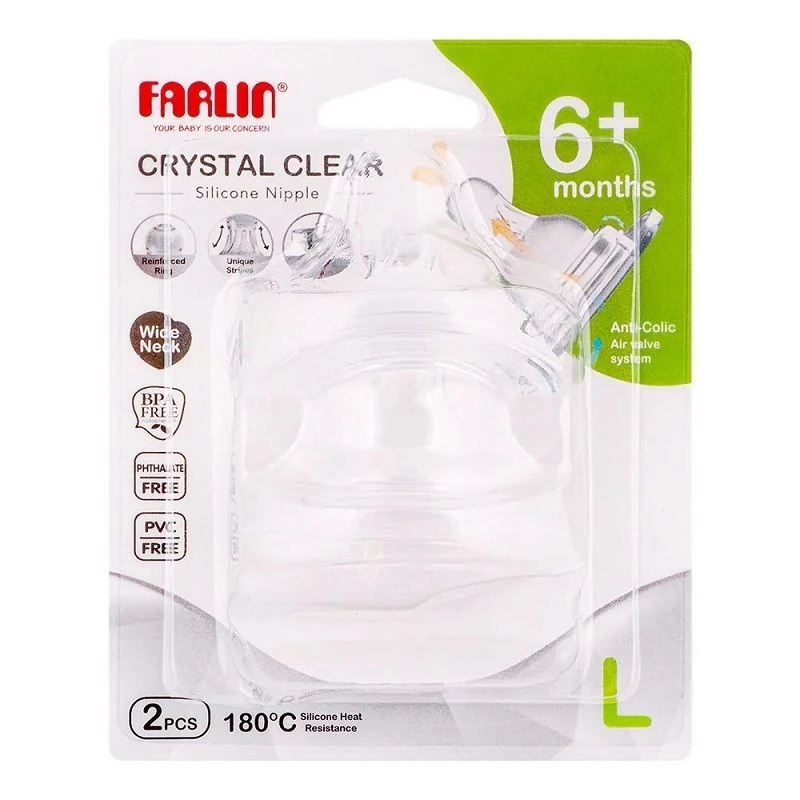 Farlin Crystal Clear Anti-Colic Wide Neck Silicone Nipple Set, 6M+, 2-Pack