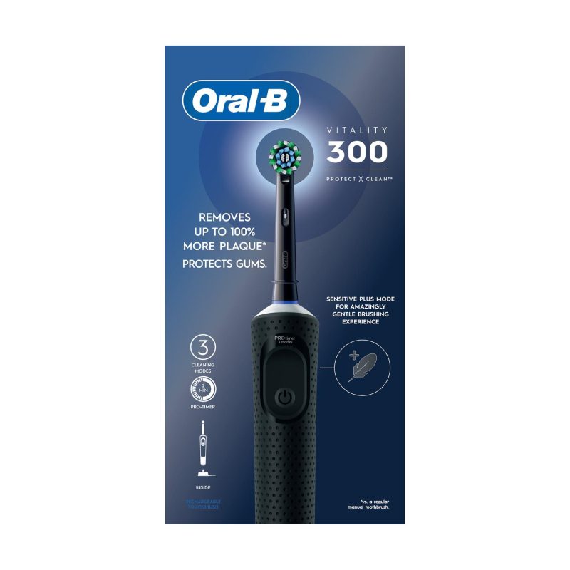 Oral B Vitality 300 Rechargeable Toothbrush with CrossAction Brush Head 3 Cleaning Modes & 2 Minutes Built-in Timer Black